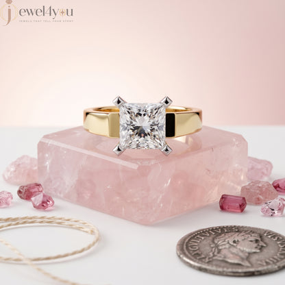 Yellow gold princess-cut solitaire ring with quad corner prongs 