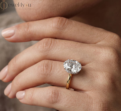 Yellow Gold solitaire oval lab-grown diamond ring with white gold crown setting and pavé hidden halo #YELLOW GOLD
