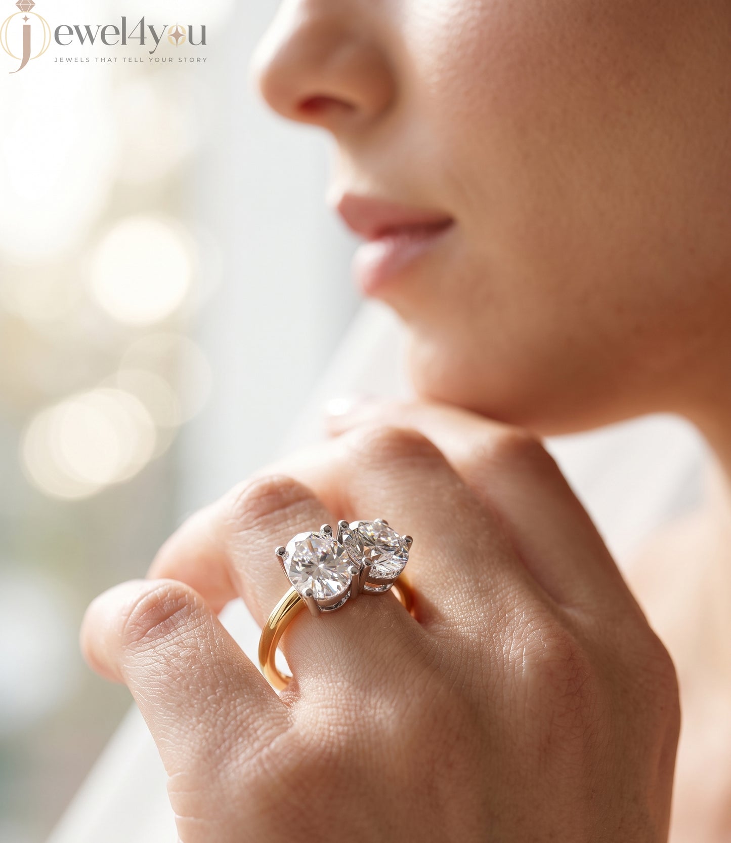 YELLOW GOLD DUAL DIAMOND ENGAGEMENT RING WITH ROUND AND OVAL CUT DIAMONDS ##YELLOW GOLD