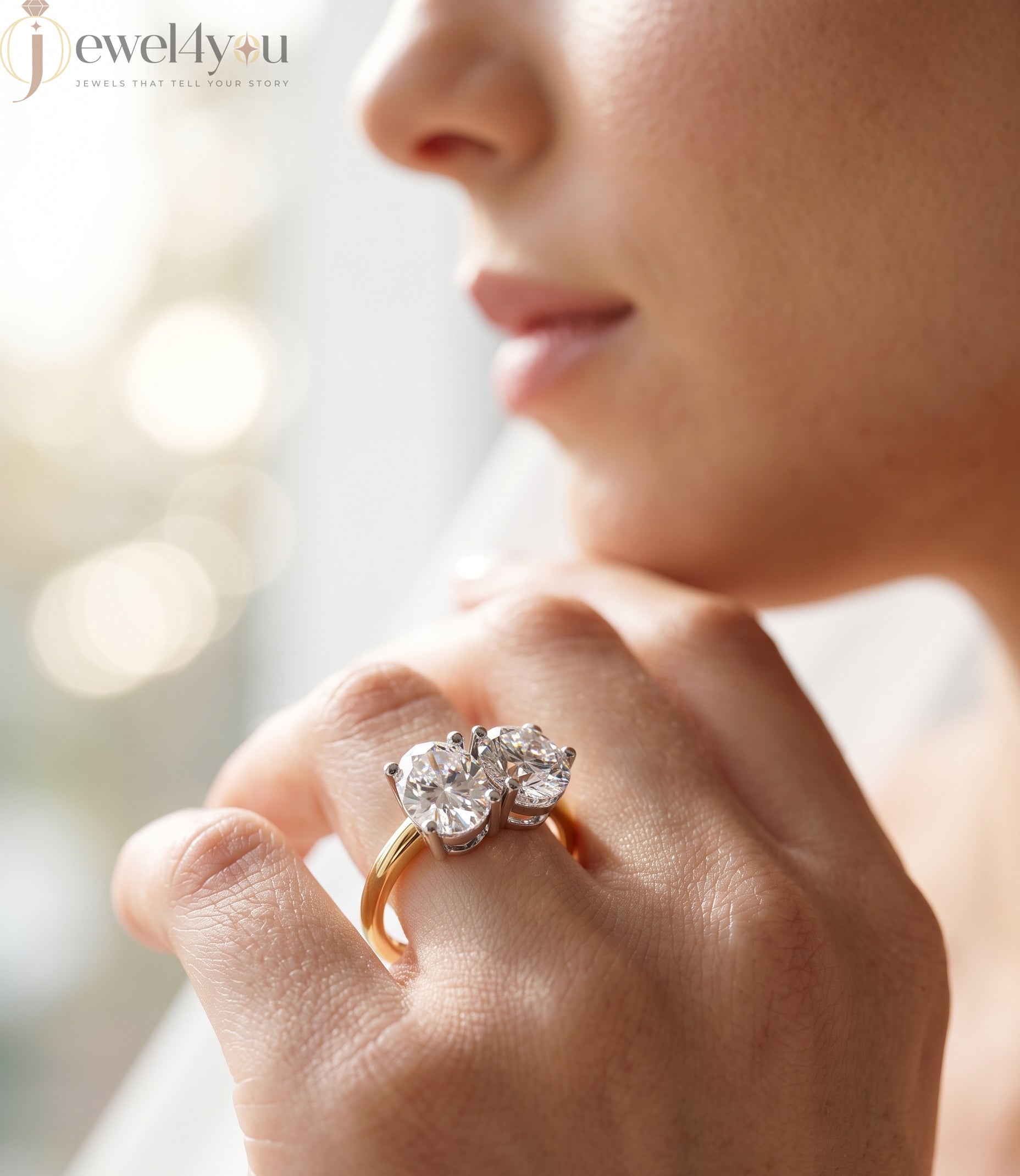 YELLOW GOLD DUAL DIAMOND ENGAGEMENT RING WITH ROUND AND OVAL CUT DIAMONDS 