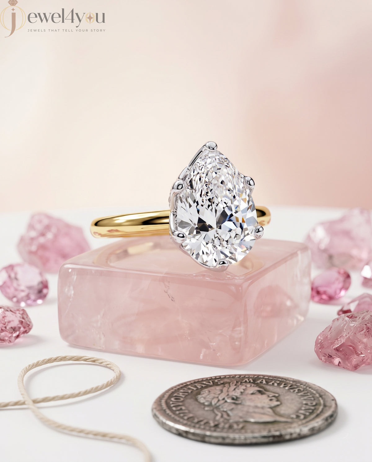 Yellow Gold solitaire lab-grown diamond ring with pear center and white gold lotus crown gallery #YELLOW GOLD