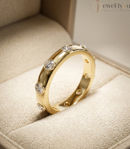 Yellow gold bezel lab-grown diamond ring band showcasing evenly spaced round D–F color VVS to VS+ clarity diamonds #YELLOW GOLD