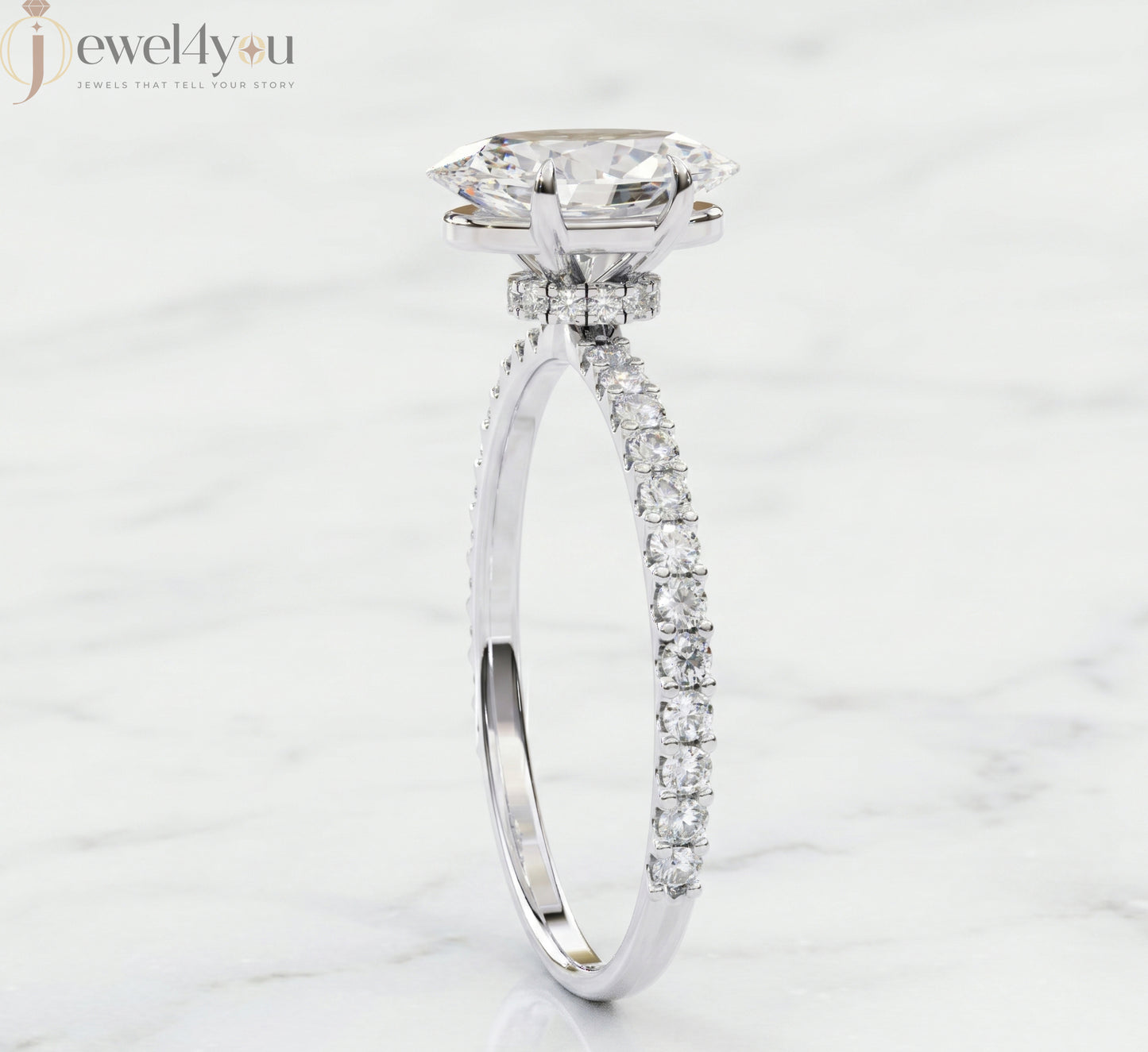 OVAL-CUT LAB-GROWN DIAMOND RING WITH ROUND-ACCENT BAND IN WHITE GOLD ##WHITE GOLD