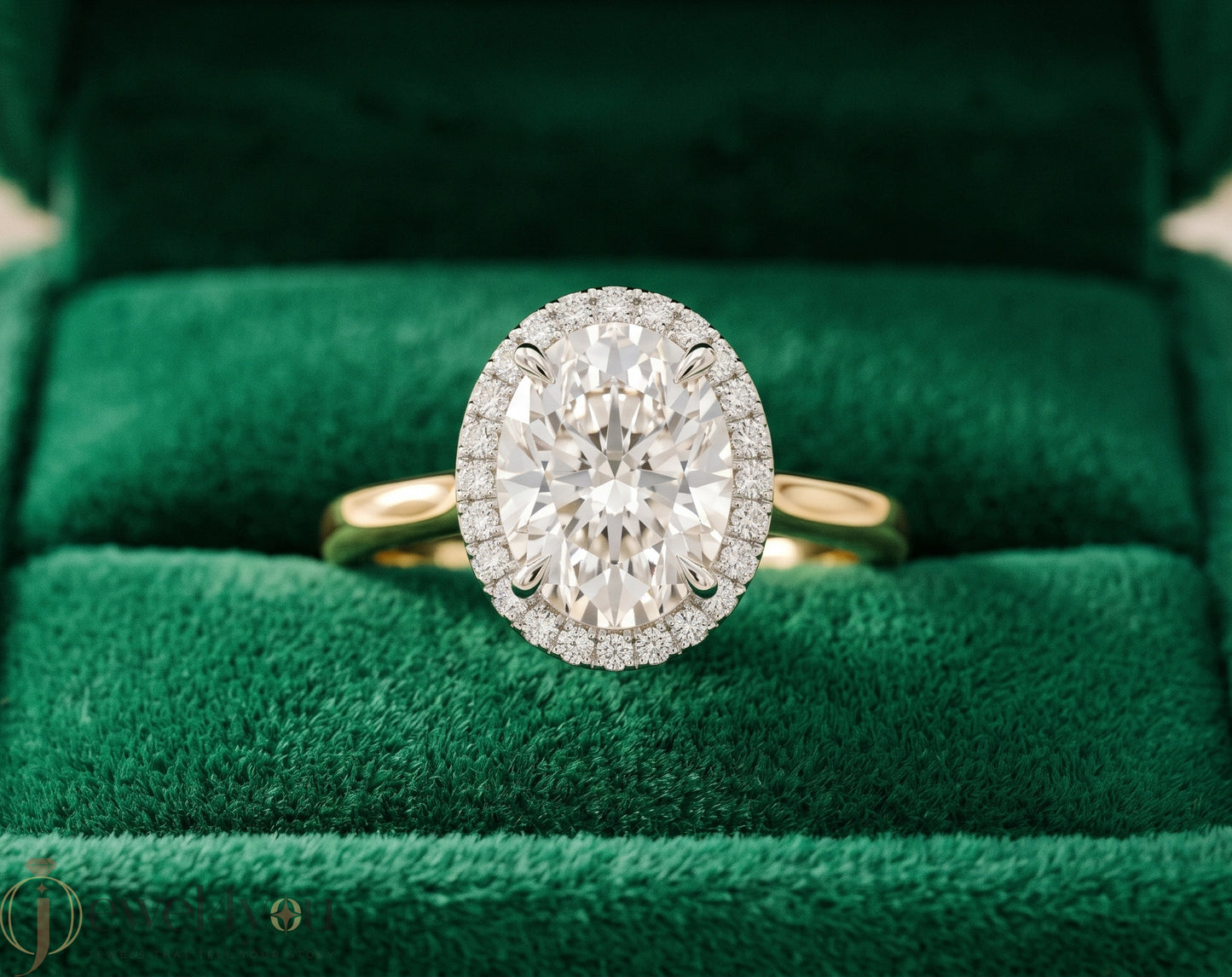 YELLOW GOLD WITH OVAL CENTER AND ROUND HALO ##YELLOW GOLD