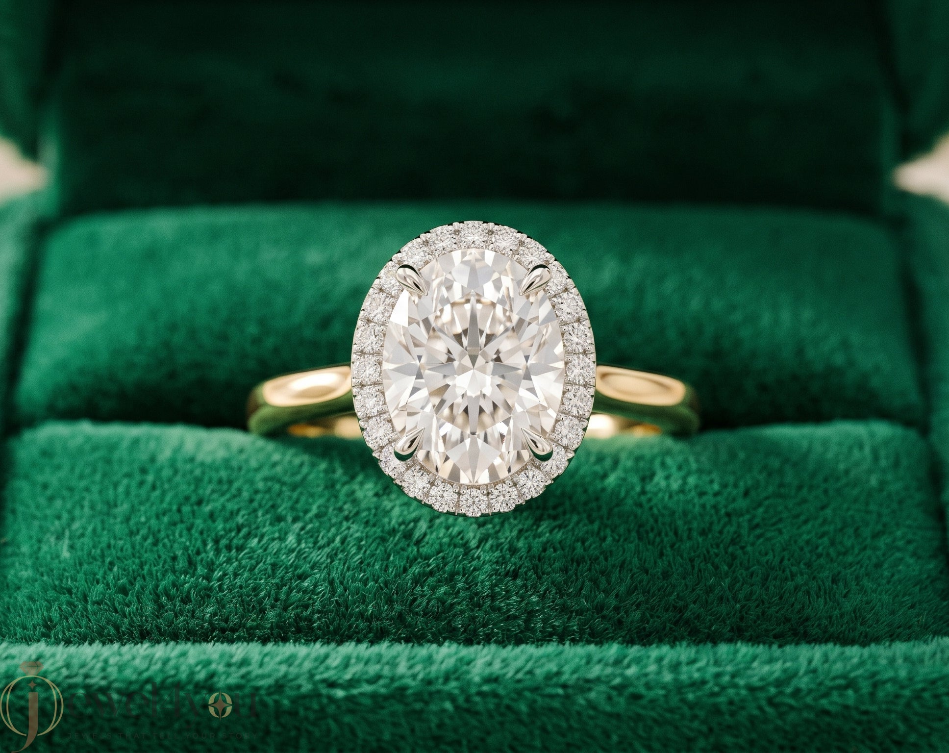 YELLOW GOLD WITH OVAL CENTER AND ROUND HALO 