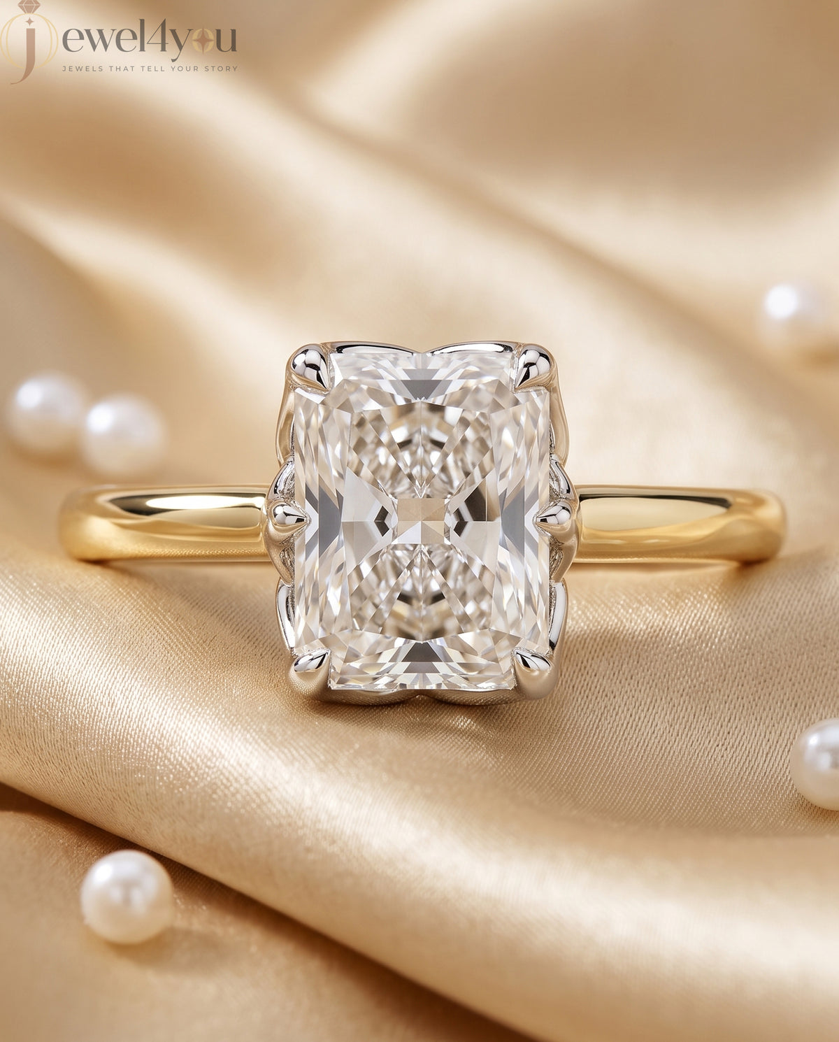 Yellow Gold band with White Gold X-gallery radiant-cut lab-grown diamond ring featuring hidden round side diamonds #YELLOW GOLD