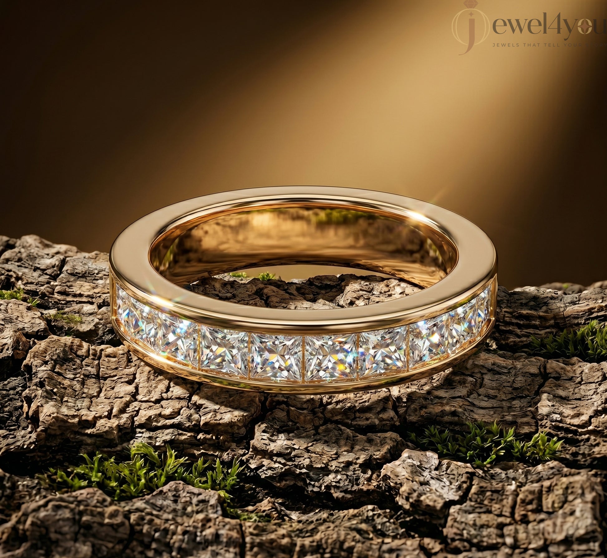 Princess-cut lab-grown diamond wedding band, D–F color VVS to VS+ diamonds in high-polish yellow gold #YELLOW GOLD