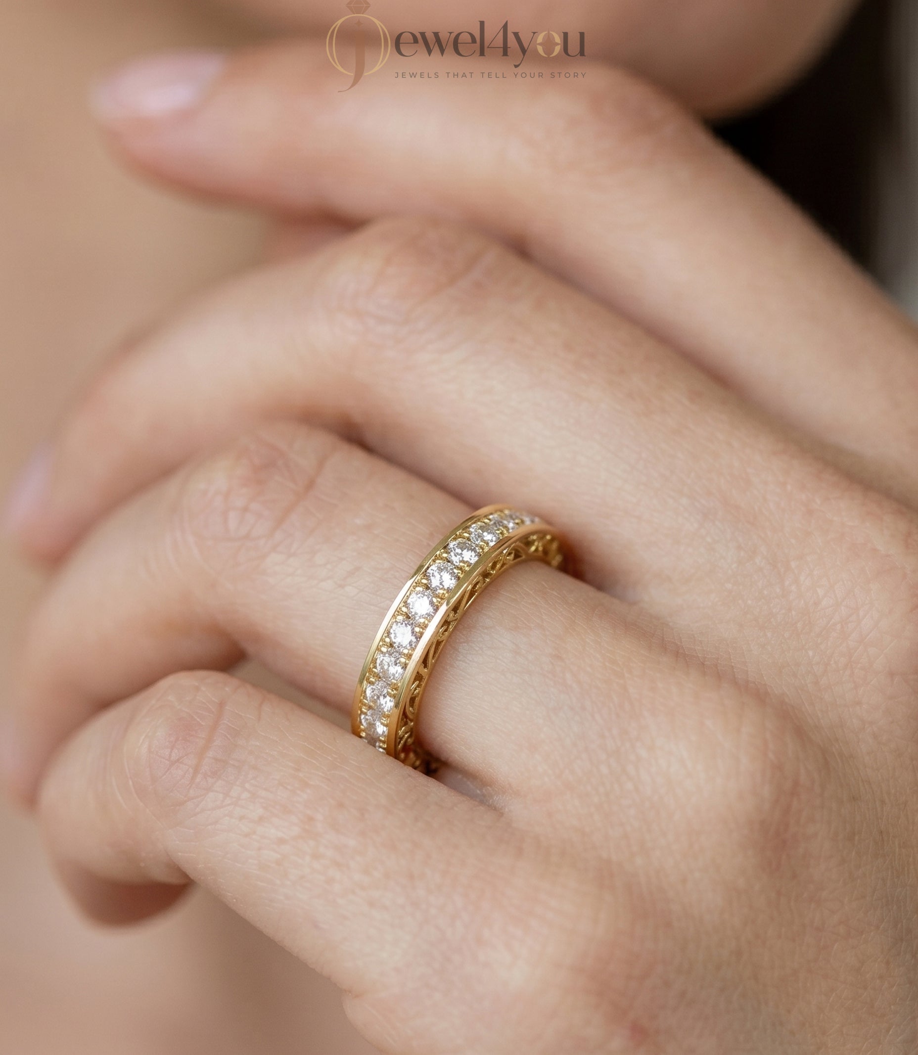 Yellow gold lab-grown diamond eternity band ring with intricate heart filigree and pavé set VVS to VS+ D–F diamonds #YELLOW GOLD