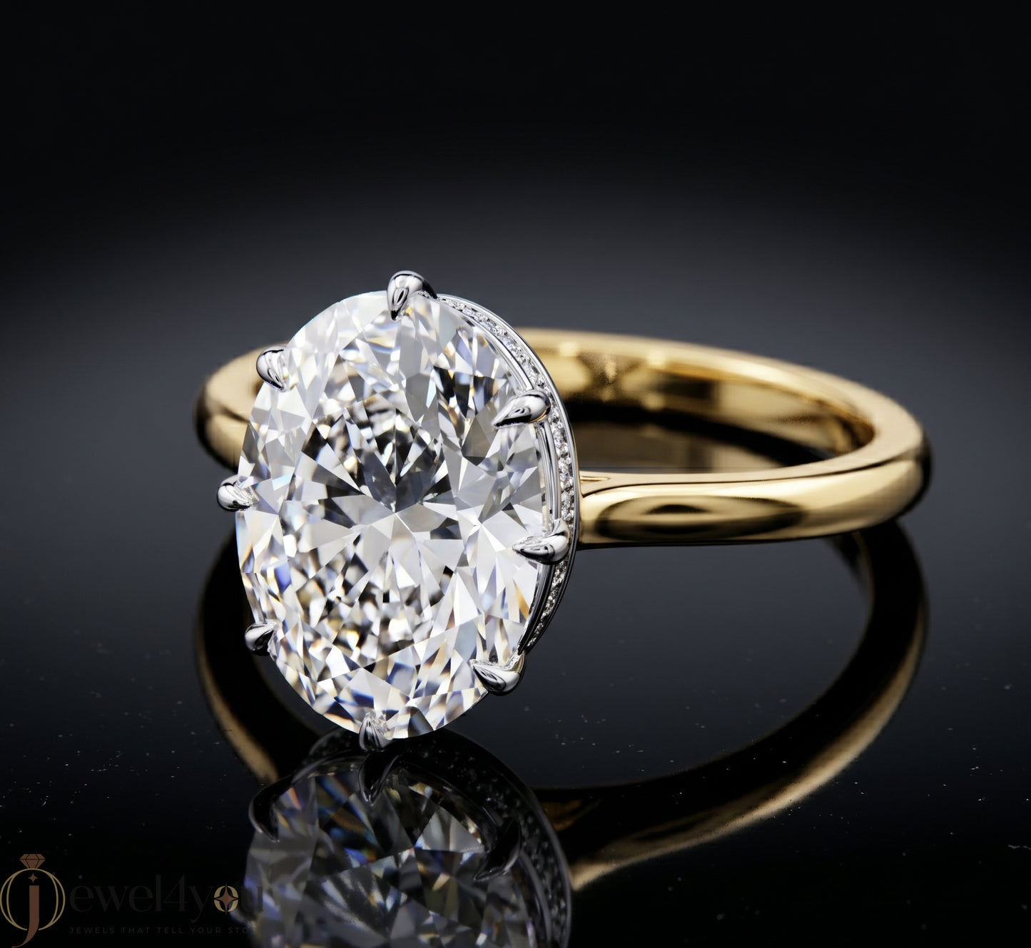 Yellow Gold solitaire oval lab-grown diamond ring with white gold crown setting and pavé hidden halo #YELLOW GOLD