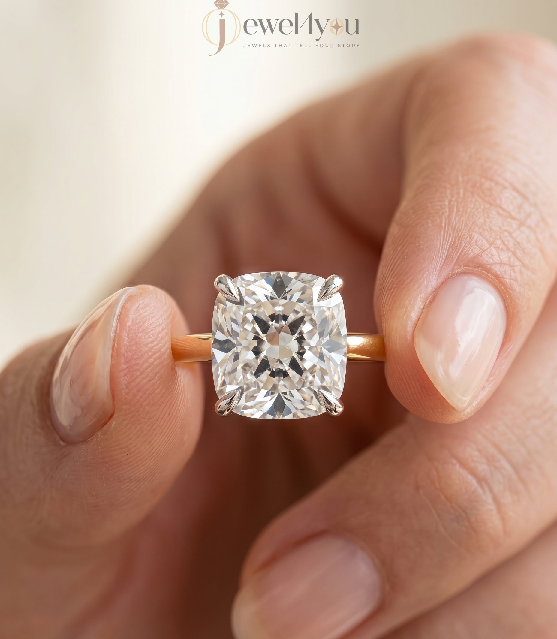 Yellow gold cushion diamond solitaire ring with white gold cathedral basket setting #YELLOW GOLD