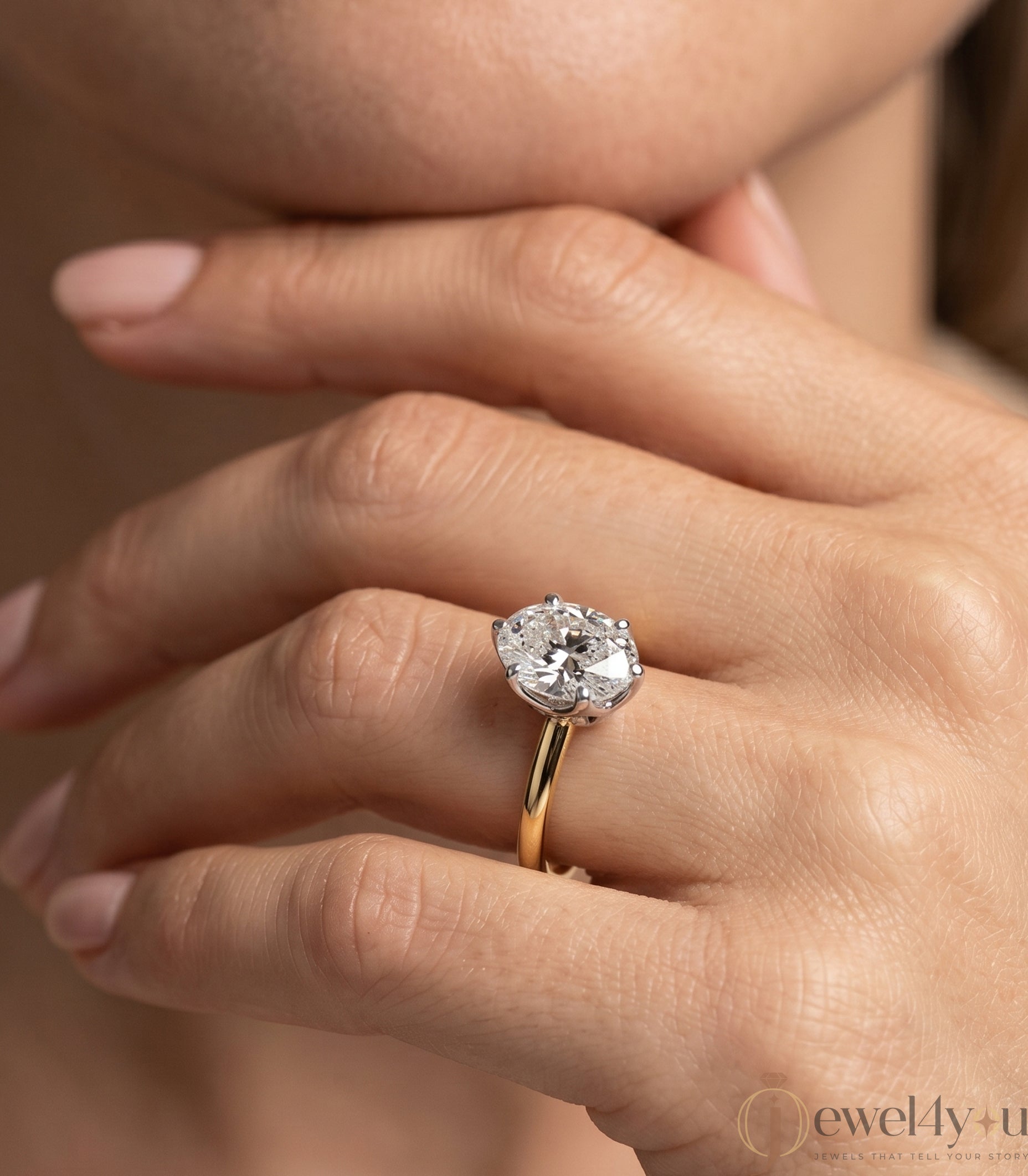 Yellow Gold lab-grown diamond ring with White Gold prong setting, showcasing brilliant oval center stone #YELLOW GOLD