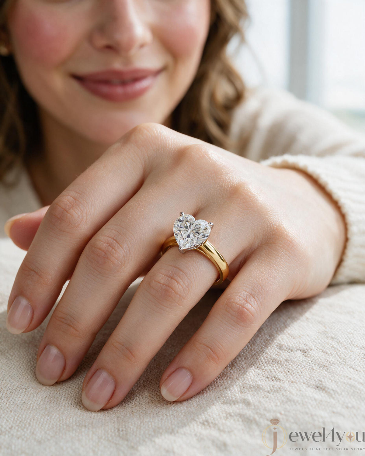 Yellow gold heart diamond solitaire ring with white gold prong setting  #YELLOW GOLD