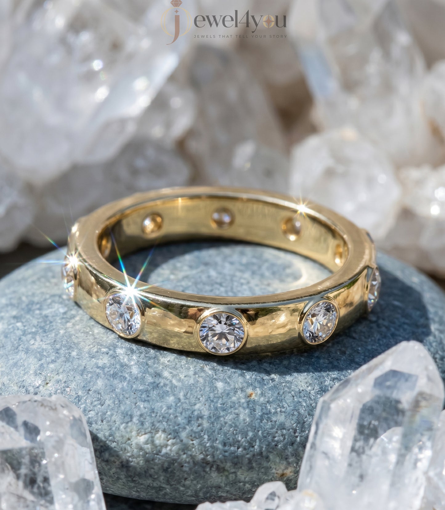 Yellow gold bezel lab-grown diamond ring band showcasing evenly spaced round D–F color VVS to VS+ clarity diamonds #YELLOW GOLD
