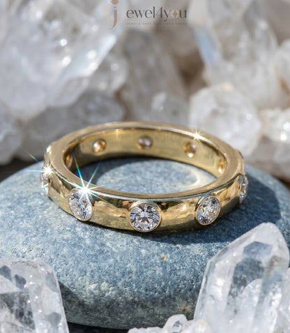 Yellow gold bezel lab-grown diamond ring band showcasing evenly spaced round D–F color VVS to VS+ clarity diamonds #YELLOW GOLD