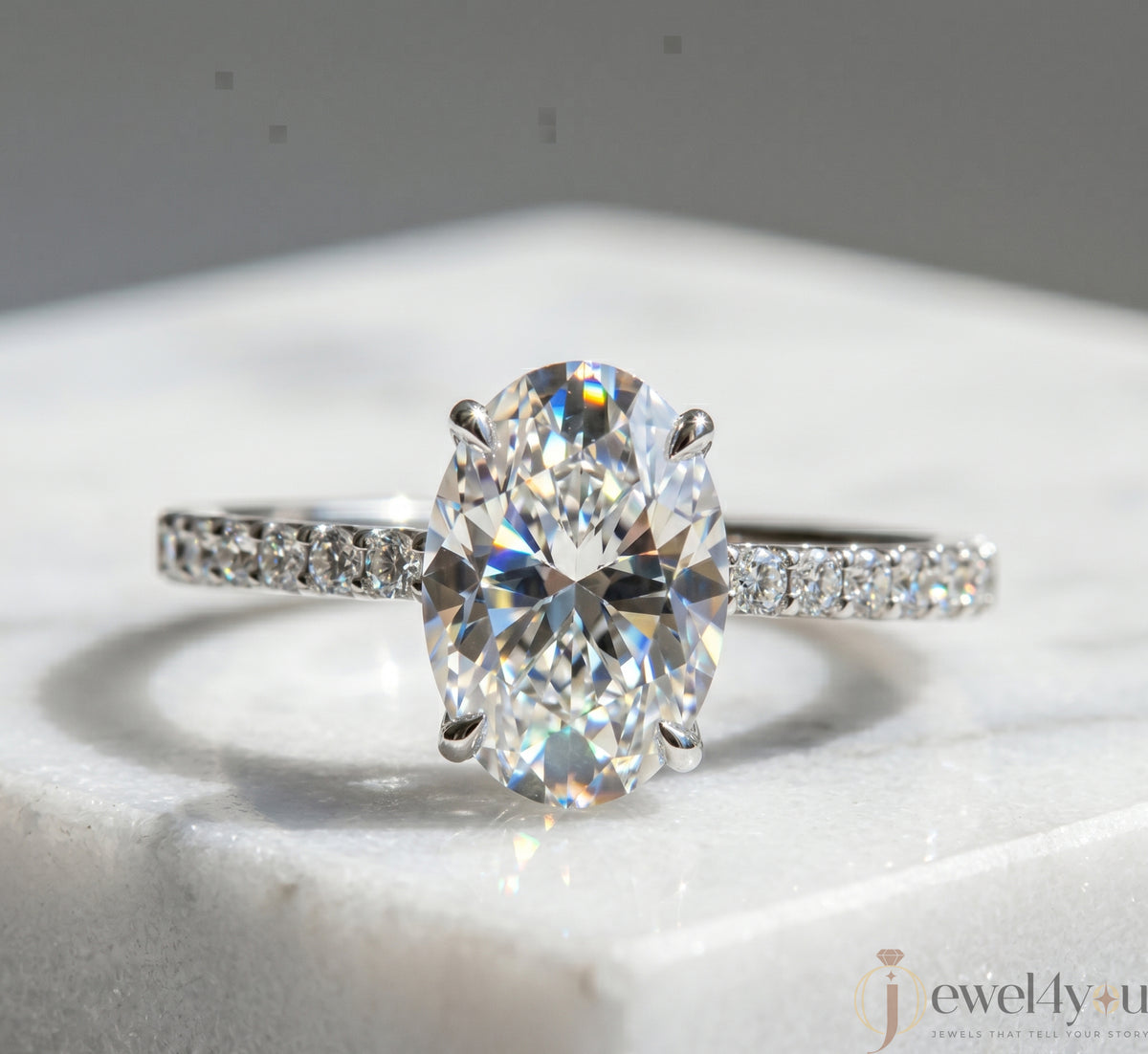 OVAL-CUT SOLITAIRE LAB-GROWN DIAMOND RING IN WHITE GOLD WITH ROUND-CUT ##WHITE GOLD