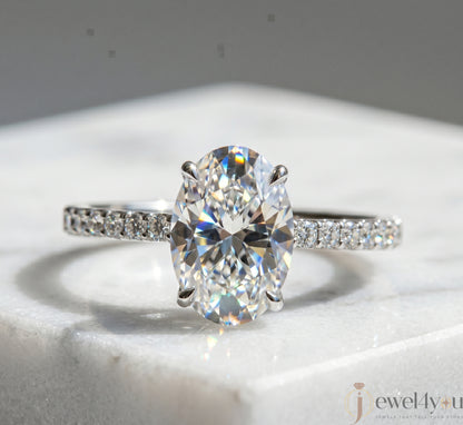 OVAL-CUT SOLITAIRE LAB-GROWN DIAMOND RING IN WHITE GOLD WITH ROUND-CUT 