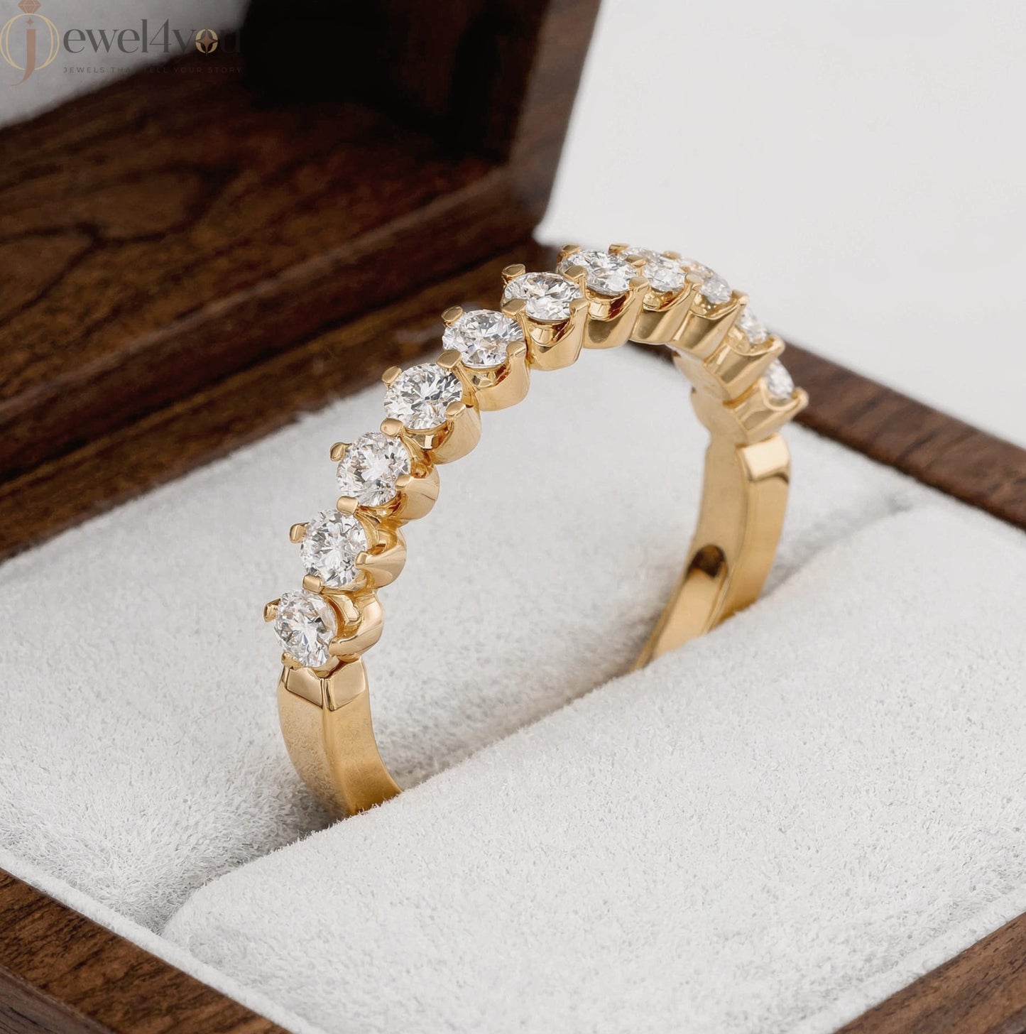 Yellow Gold half eternity lab-grown diamond ring with shared prong settings and D–F color VVS to VS+ clarity diamonds #YELLOW GOLD