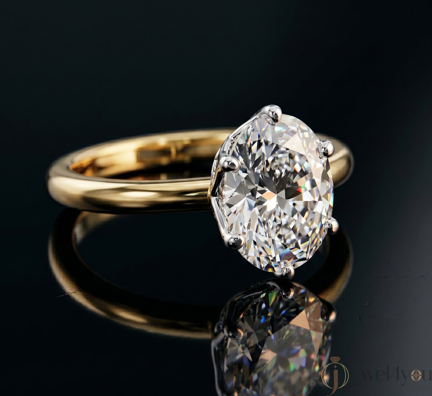 Yellow Gold lab-grown diamond ring with White Gold prong setting, showcasing brilliant oval center stone #YELLOW GOLD