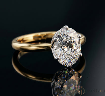 Yellow Gold lab-grown diamond ring with White Gold prong setting, showcasing brilliant oval center stone #YELLOW GOLD