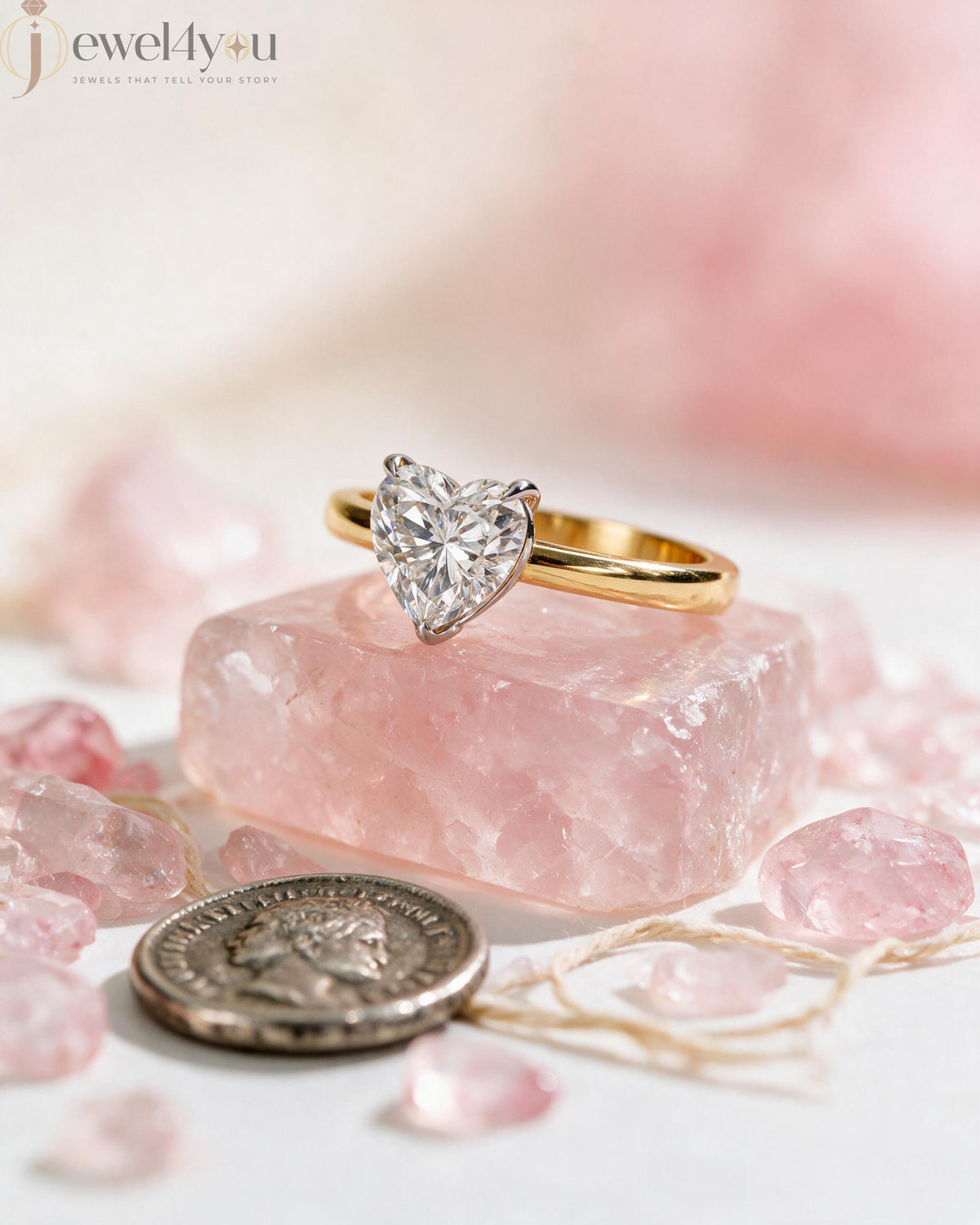 Yellow gold heart diamond solitaire ring with white gold prong setting  #YELLOW GOLD