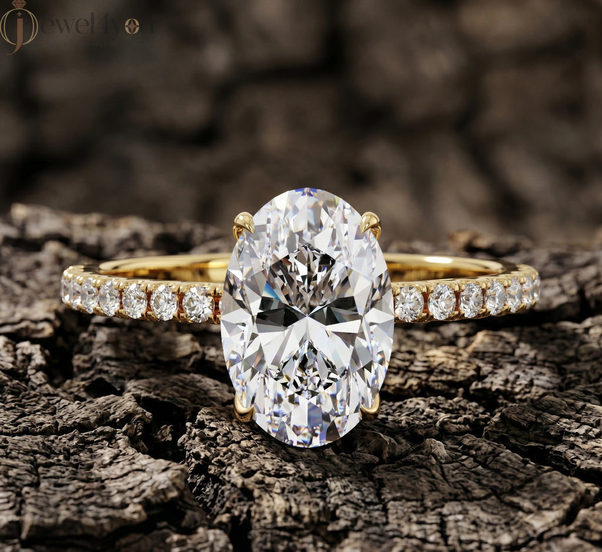 OVAL-CUT SOLITAIRE LAB-GROWN DIAMOND RING IN YELLOW GOLD WITH ROUND-CUT ##YELLOW GOLD
