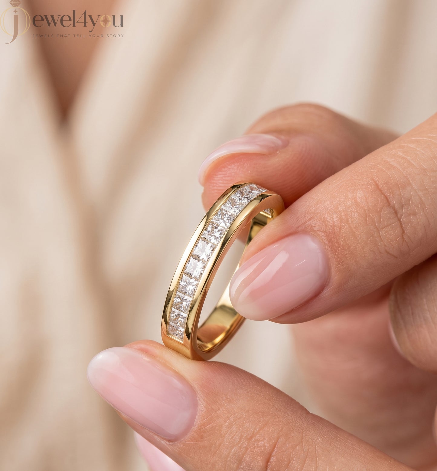 Princess-cut lab-grown diamond wedding band, D–F color VVS to VS+ diamonds in high-polish yellow gold #YELLOW GOLD