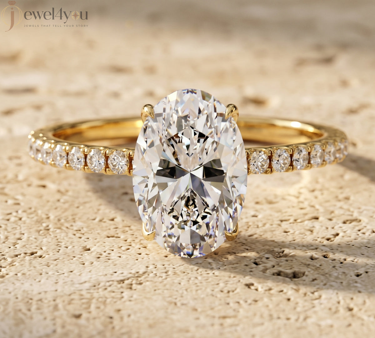 OVAL-CUT SOLITAIRE LAB-GROWN DIAMOND RING IN YELLOW GOLD WITH ROUND-CUT 