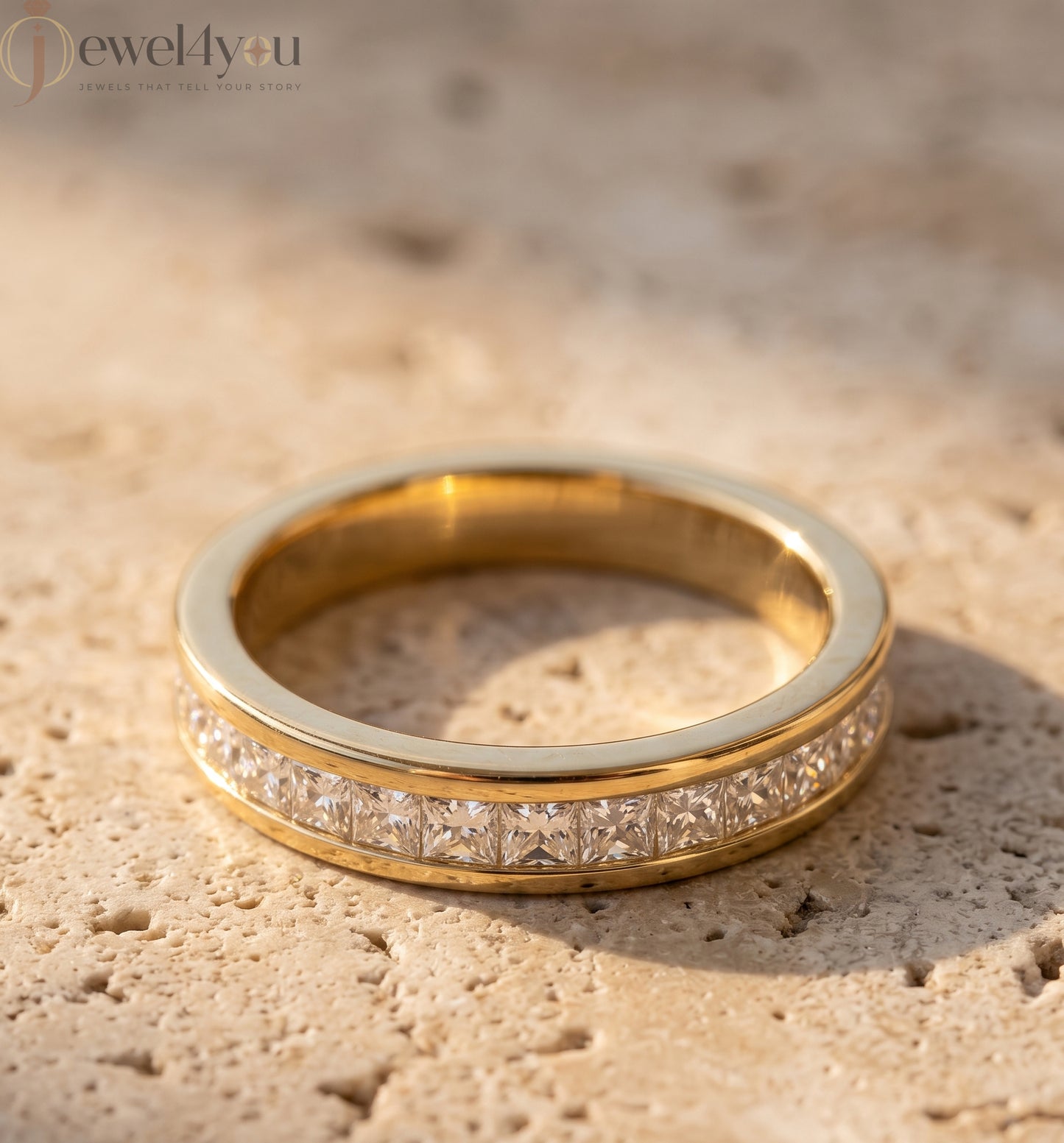 Princess-cut lab-grown diamond wedding band, D–F color VVS to VS+ diamonds in high-polish yellow gold #YELLOW GOLD