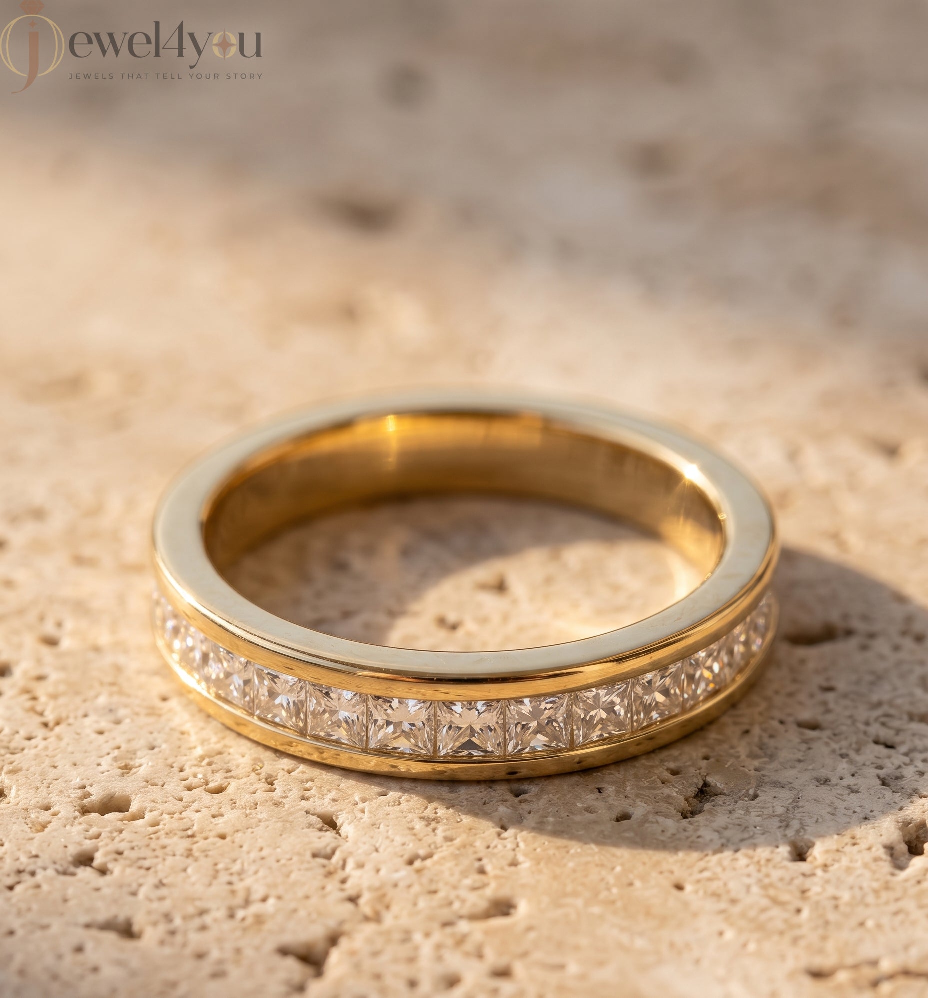 Princess-cut lab-grown diamond wedding band, D–F color VVS to VS+ diamonds in high-polish yellow gold #YELLOW GOLD