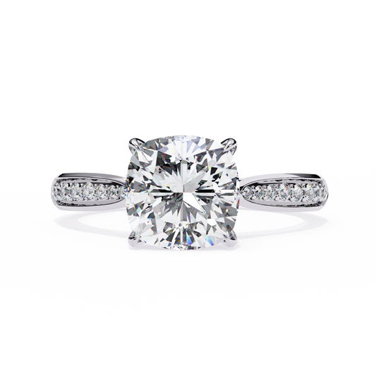 CUSHION-CUT LAB-GROWN DIAMOND SOLITAIRE ENGAGEMENT RING WITH ROUND ACCENT DIAMONDS IN WHITE GOLD 