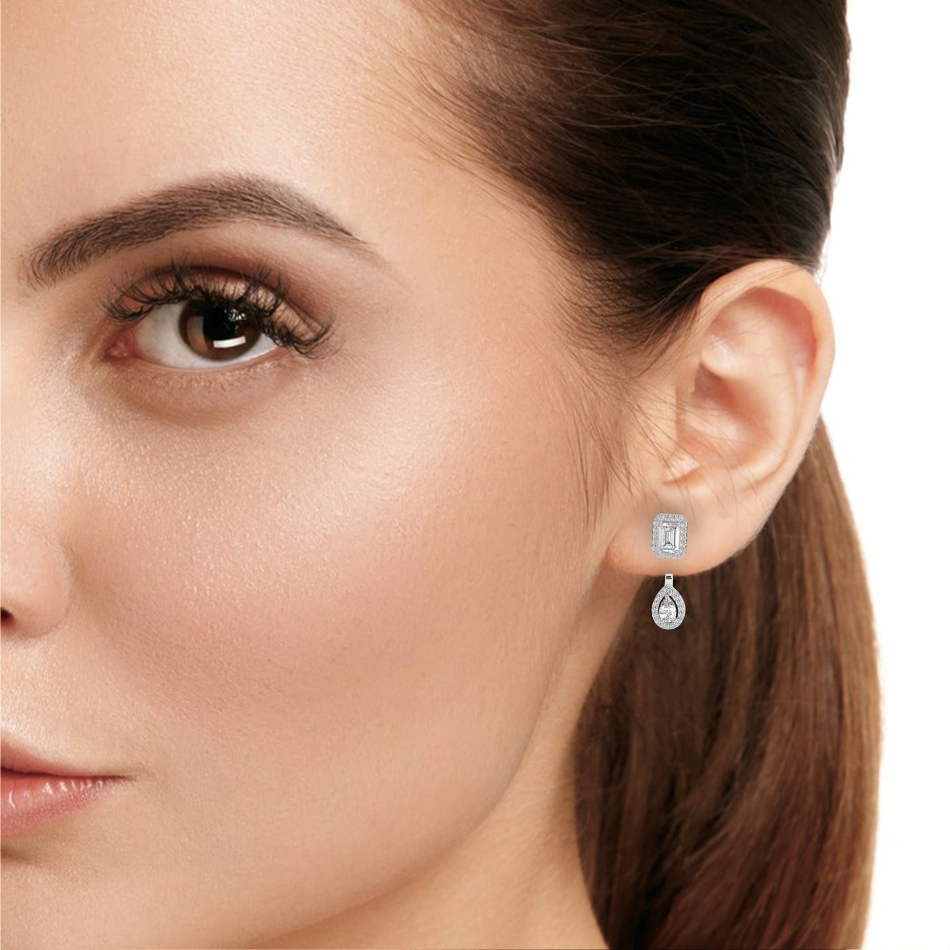 LAB-GROWN DIAMOND EARRING SIDE VIEW WITH EMERALD HALO STUD AND PEAR HALO DROP DESIGN IN WHITE GOLD FEATURING VVS TO VS+ D–F DIAMONDS #WHITE GOLD