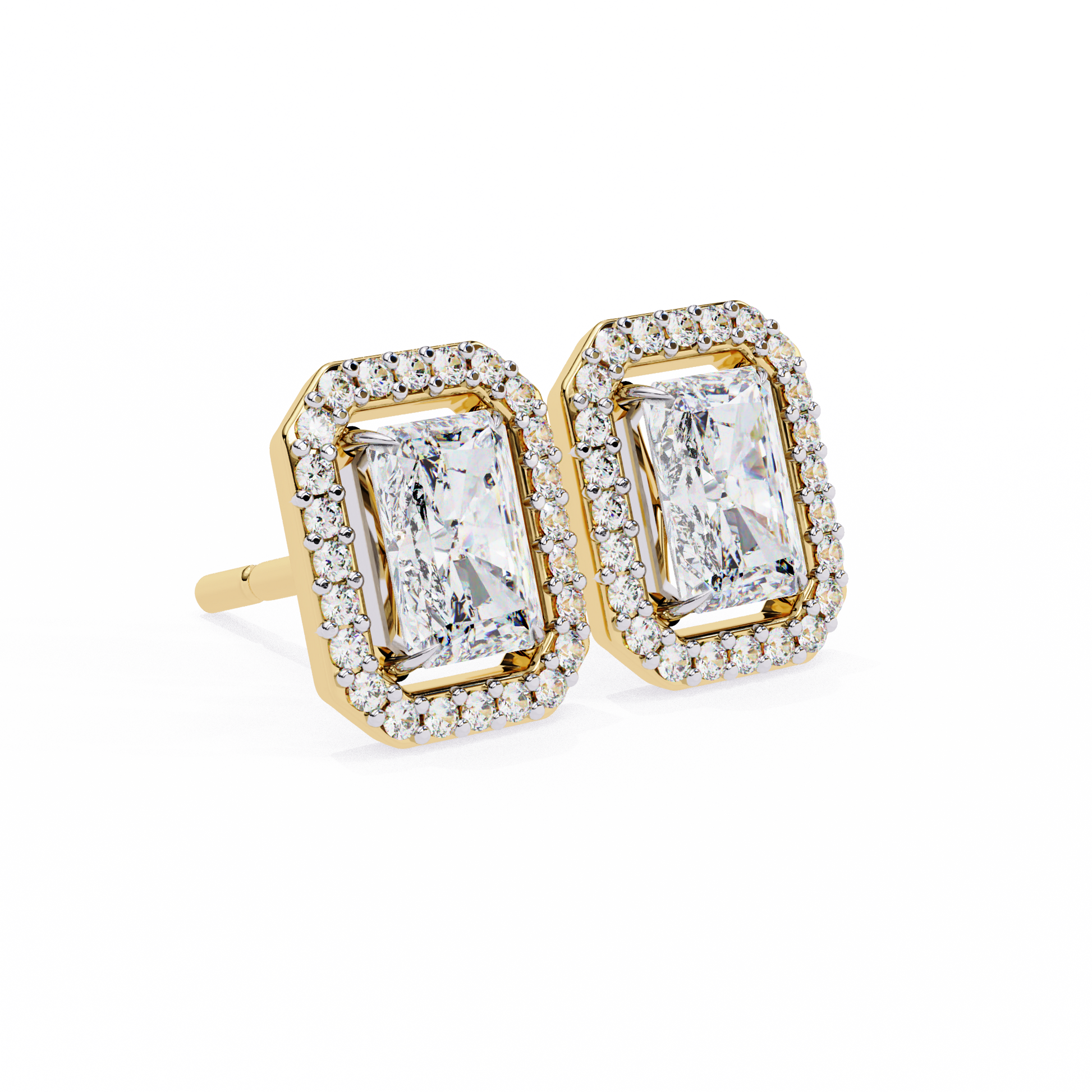 LAB-GROWN DIAMOND EARRING FRONT AND SIDE VIEW WITH RADIANT HALO EARRING DESIGN IN YELLOW GOLD, VVS TO VS+ CLARITY, D-F COLOR #YELLOW GOLD