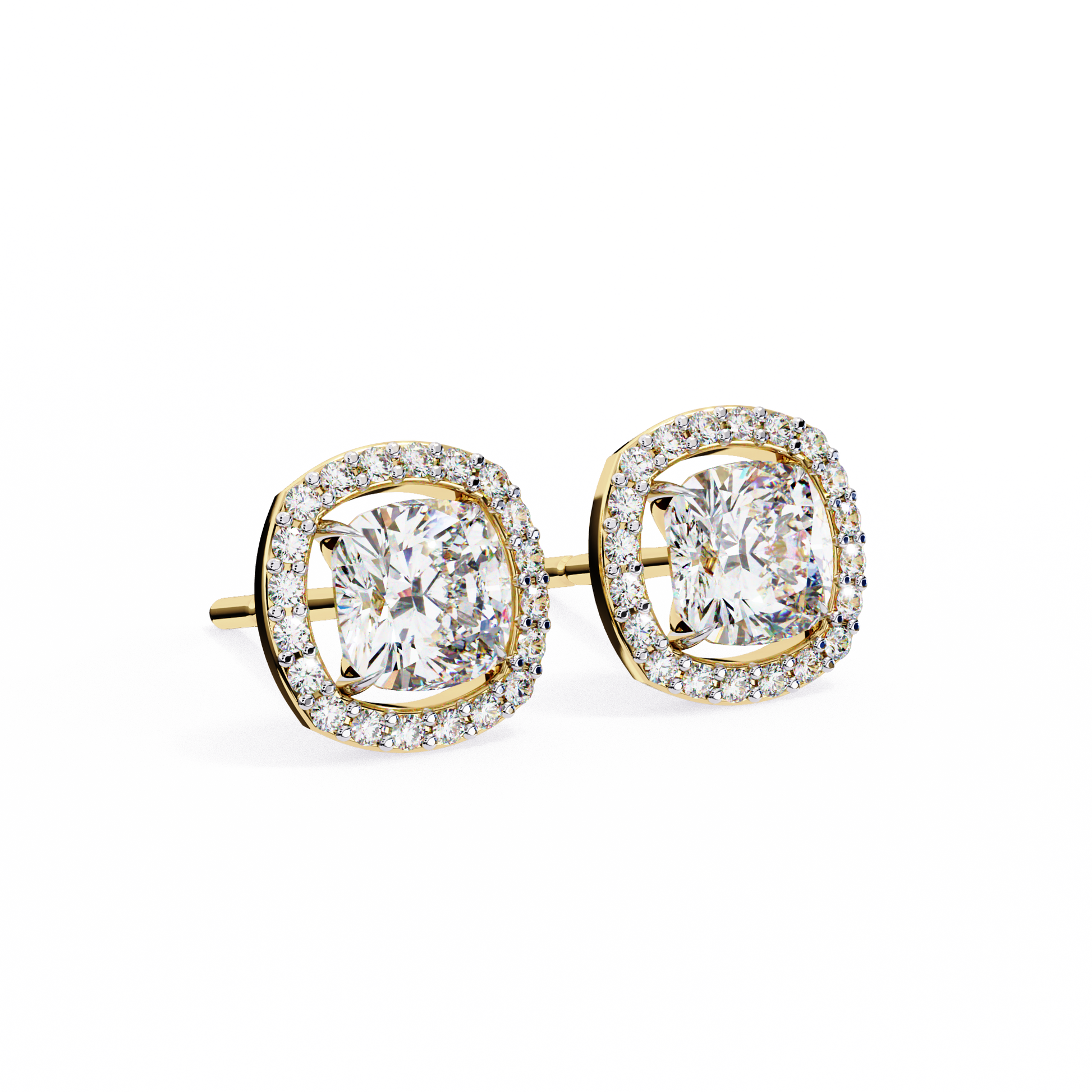 LAB-GROWN DIAMOND EARRING PAIR WITH CUSHION HALO STUD DESIGN IN YELLOW GOLD FEATURING DIAMOND CLARITY VVS TO VS+ AND DIAMOND COLOR D–F LUXURY JEWELRY #YELLOW GOLD