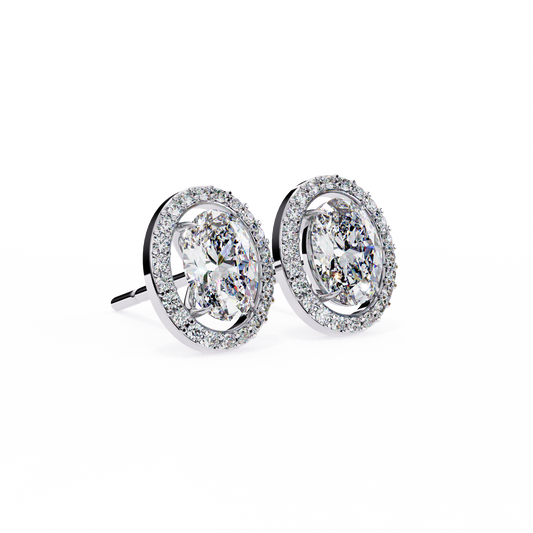 OVAL AND ROUND DIAMOND WHITE GOLD SOLITAIRE HALO STUD 