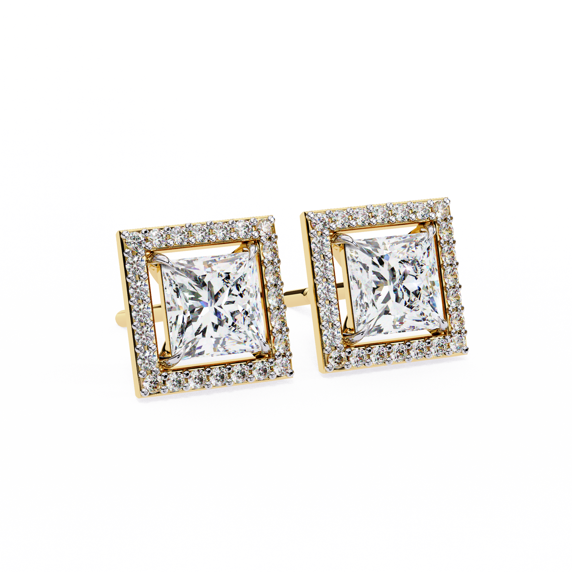 LAB-GROWN DIAMOND EARRING WITH PRINCESS HALO STUD BACK VIEW IN YELLOW GOLD FEATURING VVS TO VS+ D–F DIAMONDS LUXURY JEWELRY #YELLOW GOLD