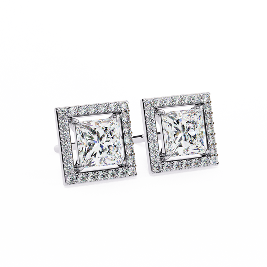 PRINCESS AND ROUND DIAMOND WHITE GOLD SOLITAIRE HALO STUD 