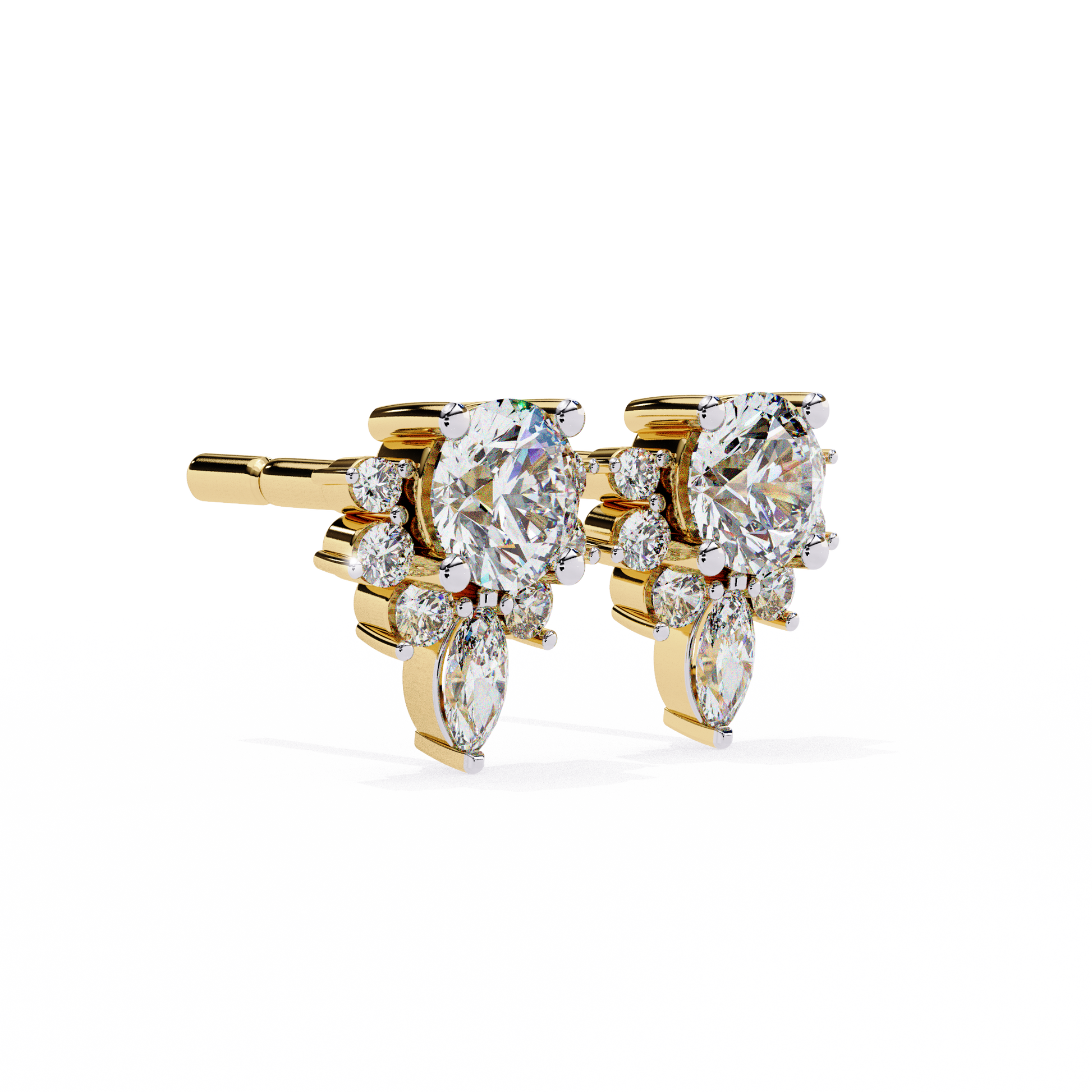 LAB-GROWN DIAMOND EARRING WITH FLORAL CLUSTER STUD SIDE VIEW IN YELLOW GOLD FEATURING VVS TO VS+ D–F DIAMONDS LUXURY JEWELRY #YELLOW GOLD