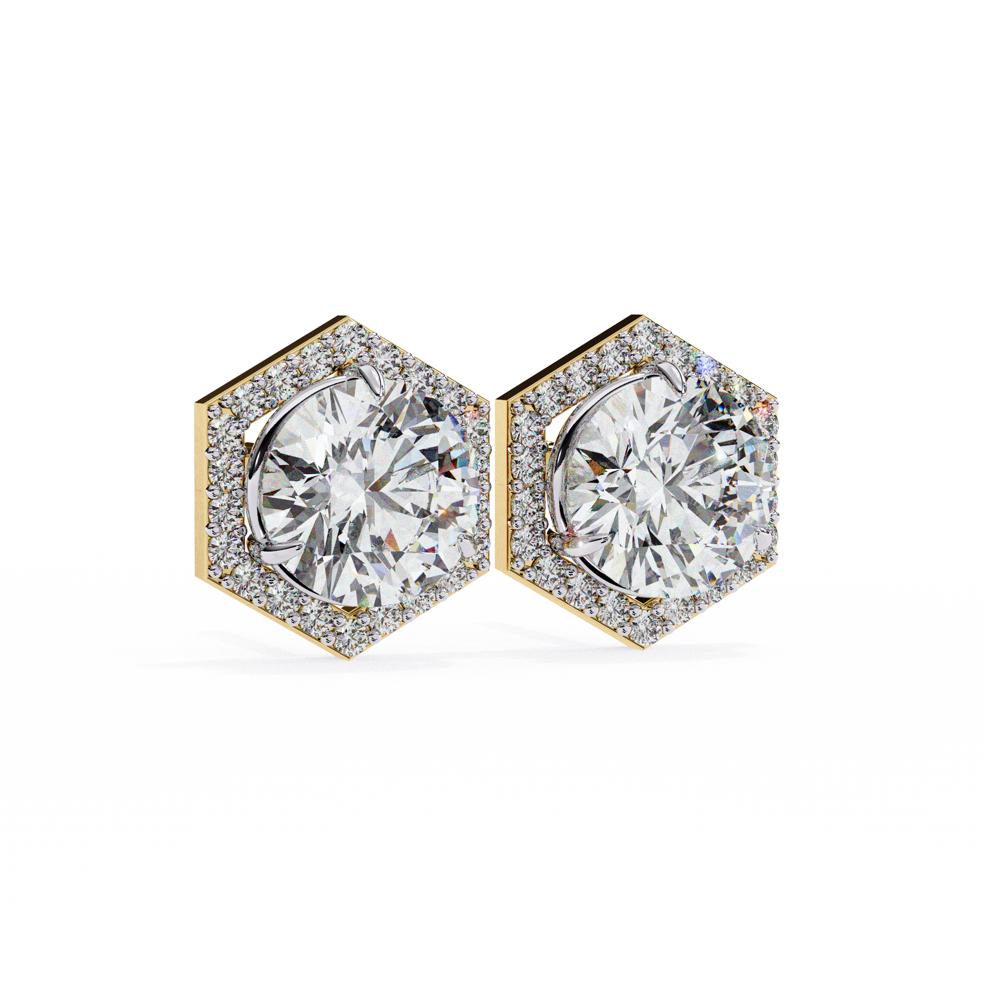 LAB-GROWN DIAMOND EARRING WITH HEXAGON HALO STUD DESIGN IN YELLOW GOLD FEATURING VVS TO VS+ D–F DIAMONDS LUXURY JEWELRY #YELLOW GOLD