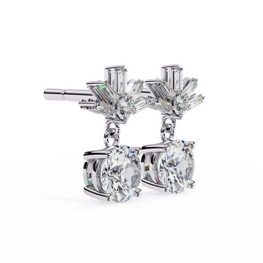 ROUND AND BAGUEETE DIAMOND WHITE GOLD HOOP STUD 