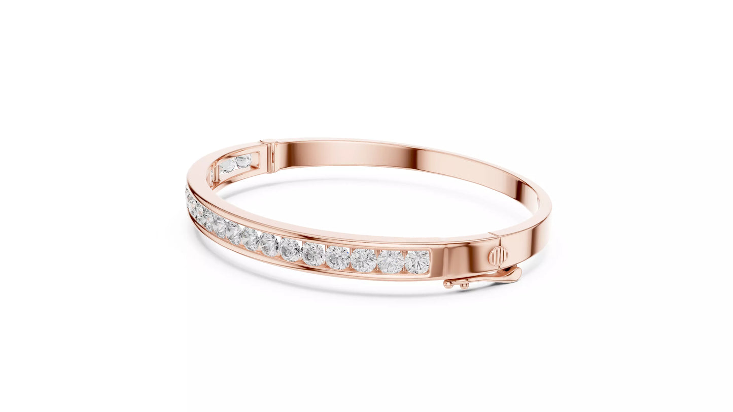 ROSE GOLD LAB-GROWN DIAMOND BRACELET SHOWING CHANNEL SETTING, HINGED BANGLE CONSTRUCTION, AND SECURE CLASP, VVS TO VS+ CLARITY, D–F COLOR #ROSE GOLD