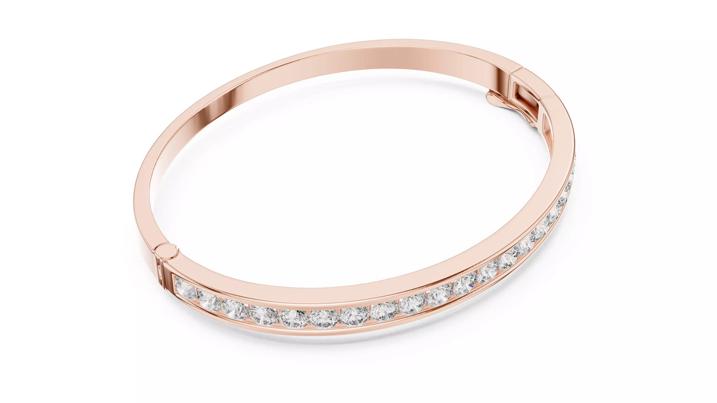 ROSE GOLD LAB-GROWN DIAMOND BRACELET SHOWING CHANNEL SETTING, HINGED BANGLE CONSTRUCTION, AND SECURE CLASP, VVS TO VS+ CLARITY, D–F COLOR #ROSE GOLD