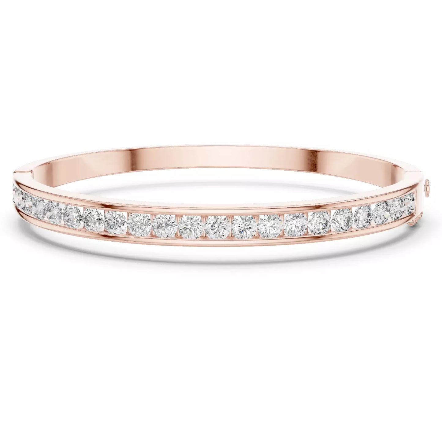 ROSE GOLD LAB-GROWN DIAMOND BRACELET SHOWING CHANNEL SETTING, HINGED BANGLE CONSTRUCTION, AND SECURE CLASP, VVS TO VS+ CLARITY, D–F COLOR #ROSE GOLD