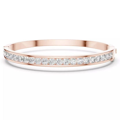 ROSE GOLD LAB-GROWN DIAMOND BRACELET SHOWING CHANNEL SETTING, HINGED BANGLE CONSTRUCTION, AND SECURE CLASP, VVS TO VS+ CLARITY, D–F COLOR #ROSE GOLD