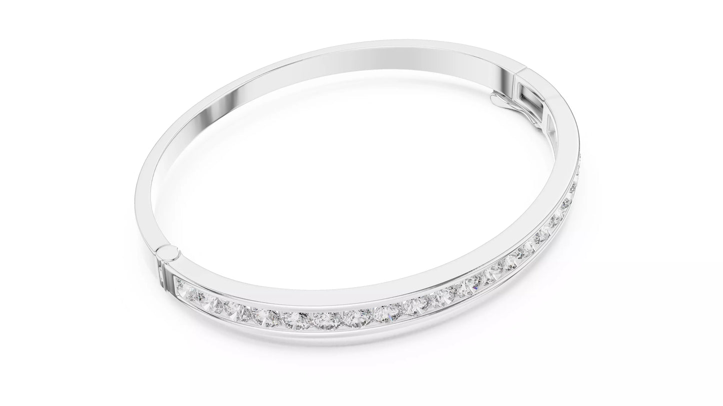 WHITE GOLD LAB-GROWN DIAMOND BRACELET SHOWING HINGE AND CLASP, CHANNEL-SET ROUND DIAMONDS, VVS TO VS+ CLARITY, D–F COLOR #WHITE GOLD
