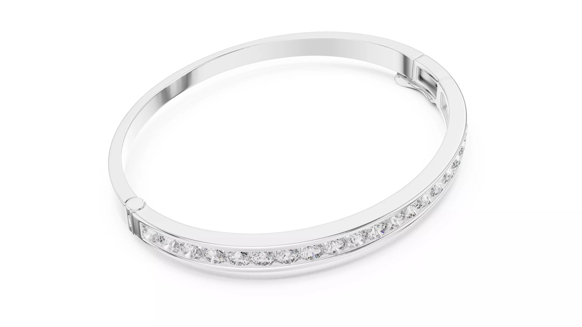 WHITE GOLD LAB-GROWN DIAMOND BRACELET SHOWING HINGE AND CLASP, CHANNEL-SET ROUND DIAMONDS, VVS TO VS+ CLARITY, D–F COLOR #WHITE GOLD