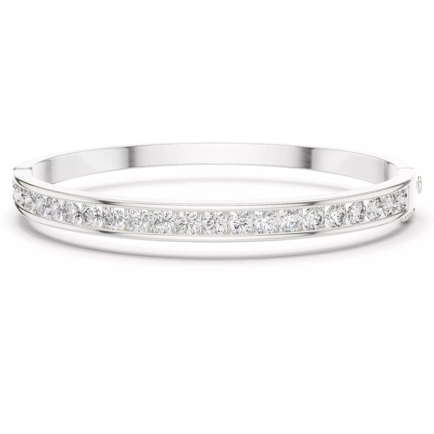 WHITE GOLD LAB-GROWN DIAMOND BRACELET SHOWING HINGE AND CLASP, CHANNEL-SET ROUND DIAMONDS, VVS TO VS+ CLARITY, D–F COLOR #WHITE GOLD