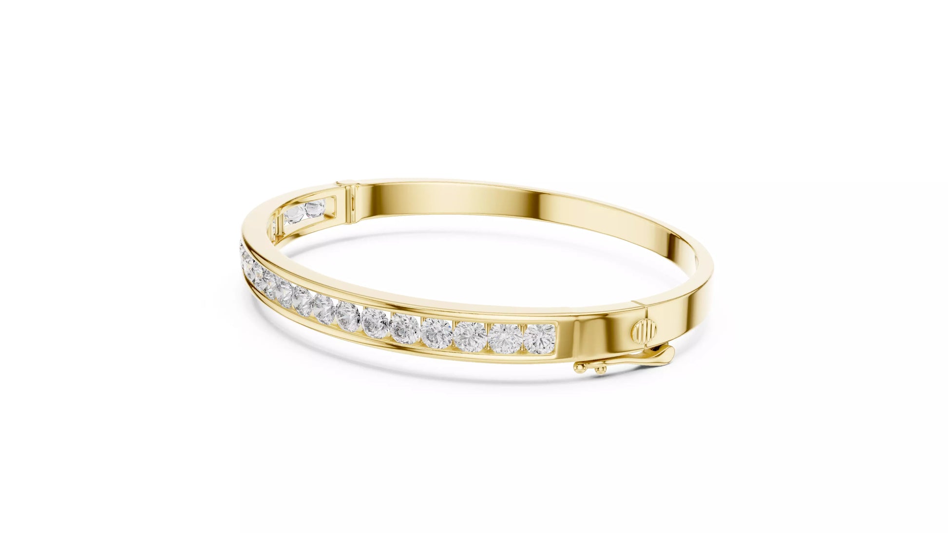YELLOW GOLD LAB-GROWN DIAMOND BRACELET SHOWING HINGED BANGLE DESIGN AND SECURE CLASP, CHANNEL-SET ROUND DIAMONDS, VVS TO VS+ CLARITY, D–F COLOR #YELLOW GOLD