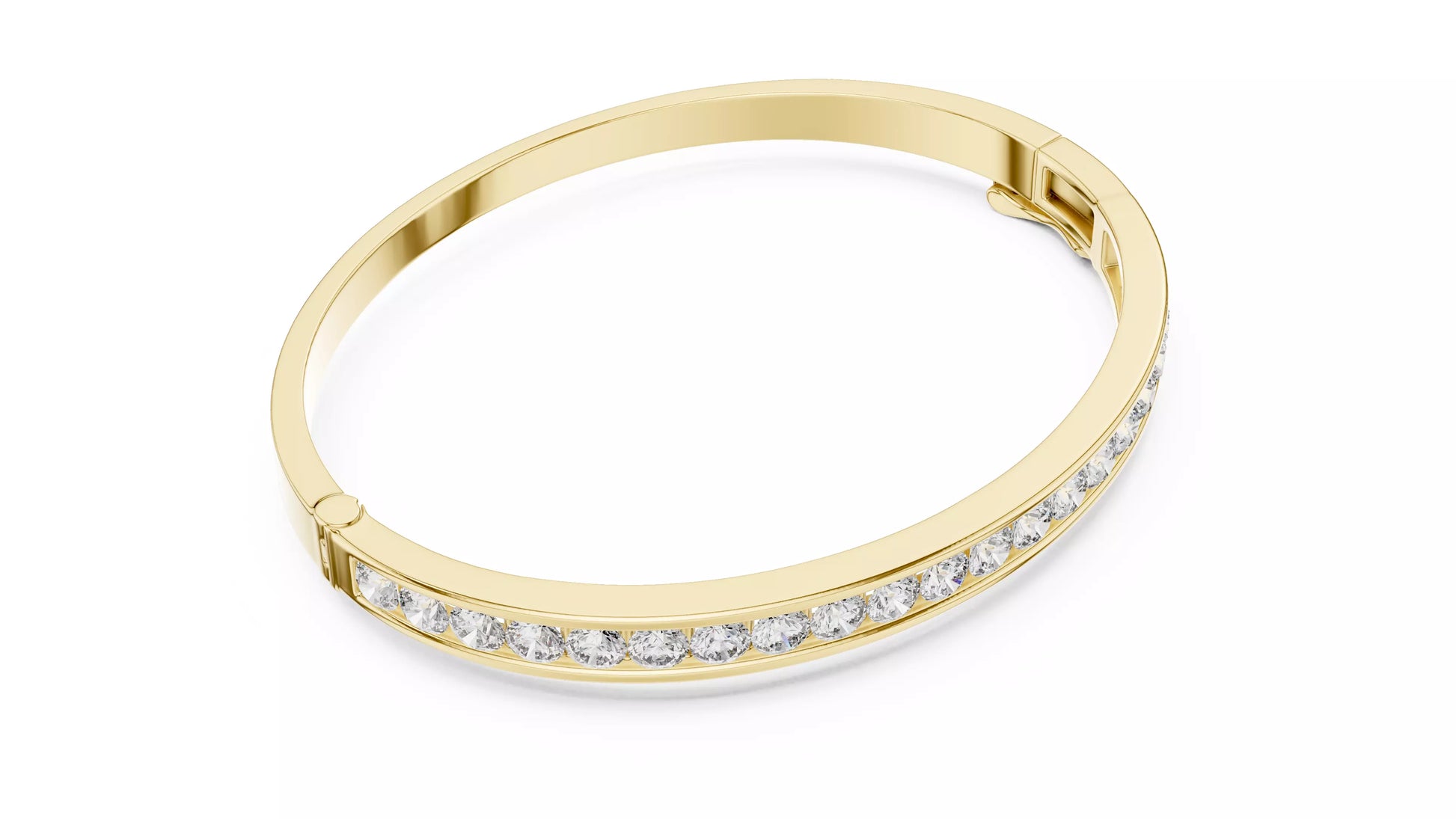 YELLOW GOLD LAB-GROWN DIAMOND BRACELET SHOWING HINGED BANGLE DESIGN AND SECURE CLASP, CHANNEL-SET ROUND DIAMONDS, VVS TO VS+ CLARITY, D–F COLOR #YELLOW GOLD