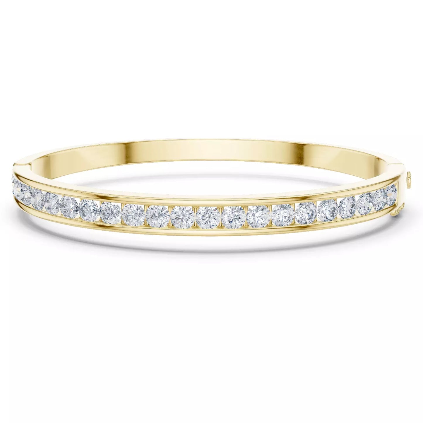 YELLOW GOLD LAB-GROWN DIAMOND BRACELET SHOWING HINGED BANGLE DESIGN AND SECURE CLASP, CHANNEL-SET ROUND DIAMONDS, VVS TO VS+ CLARITY, D–F COLOR #YELLOW GOLD