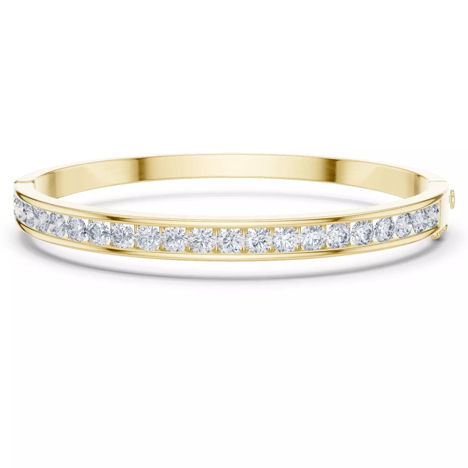 YELLOW GOLD LAB-GROWN DIAMOND BRACELET SHOWING HINGED BANGLE DESIGN AND SECURE CLASP, CHANNEL-SET ROUND DIAMONDS, VVS TO VS+ CLARITY, D–F COLOR #YELLOW GOLD